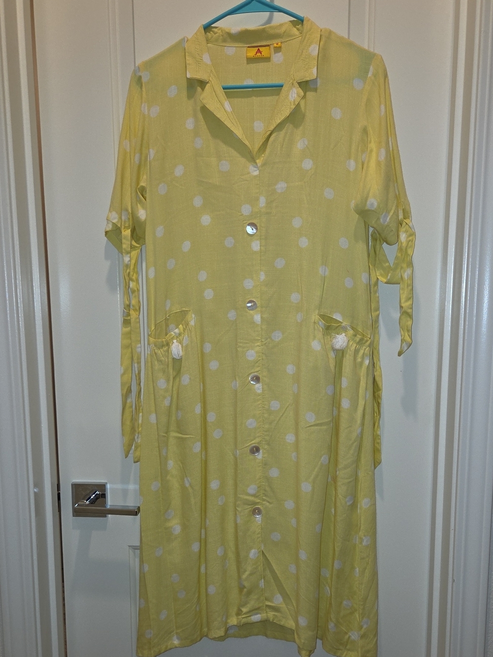 Light Yellow Polka Dot Midi Shirt Dress with Front Buttons